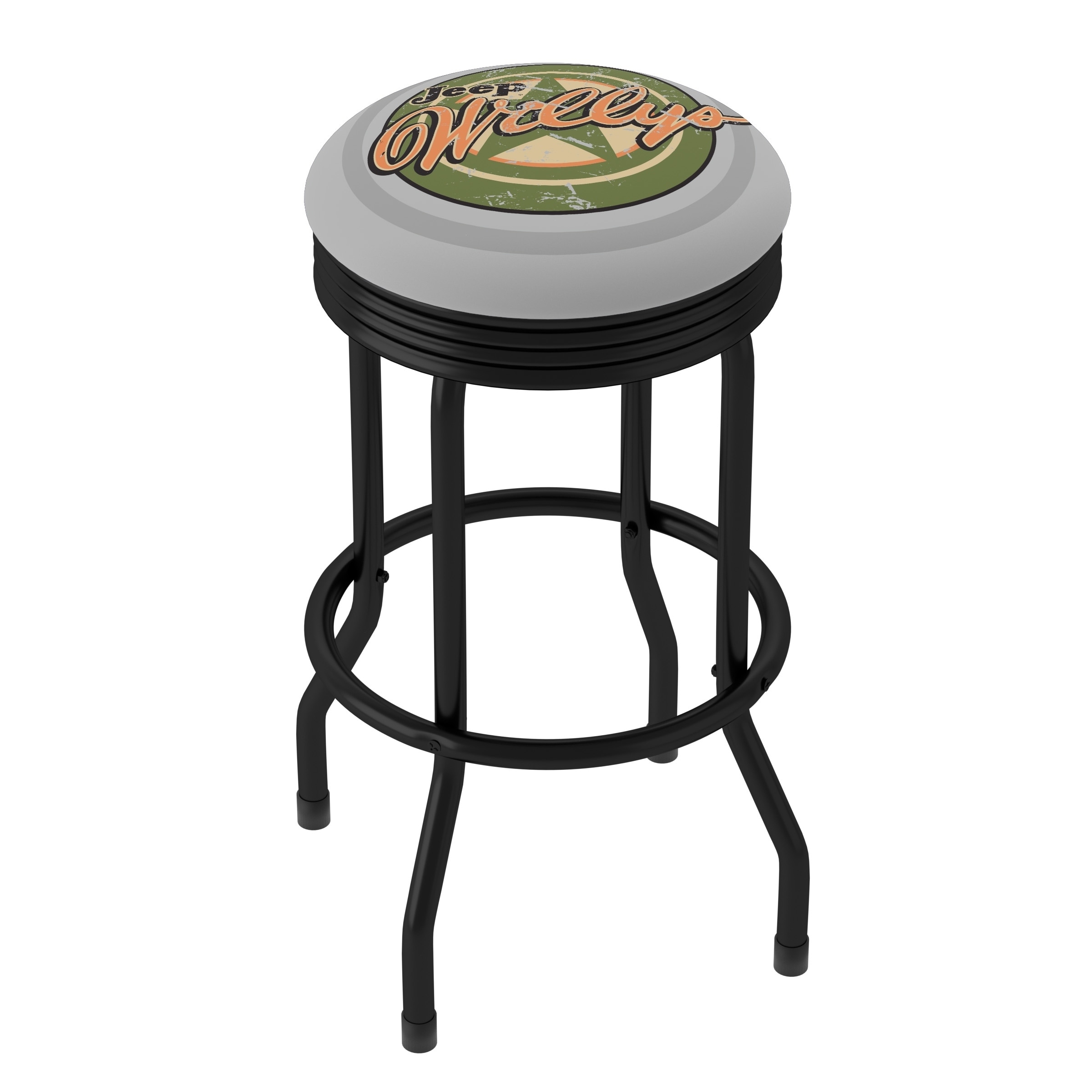 Jeep Willys Vintage 360 Degree Swivel Black Ribbed Barstool with Foam Padded Seat - 20.75 x 20.75 x 29