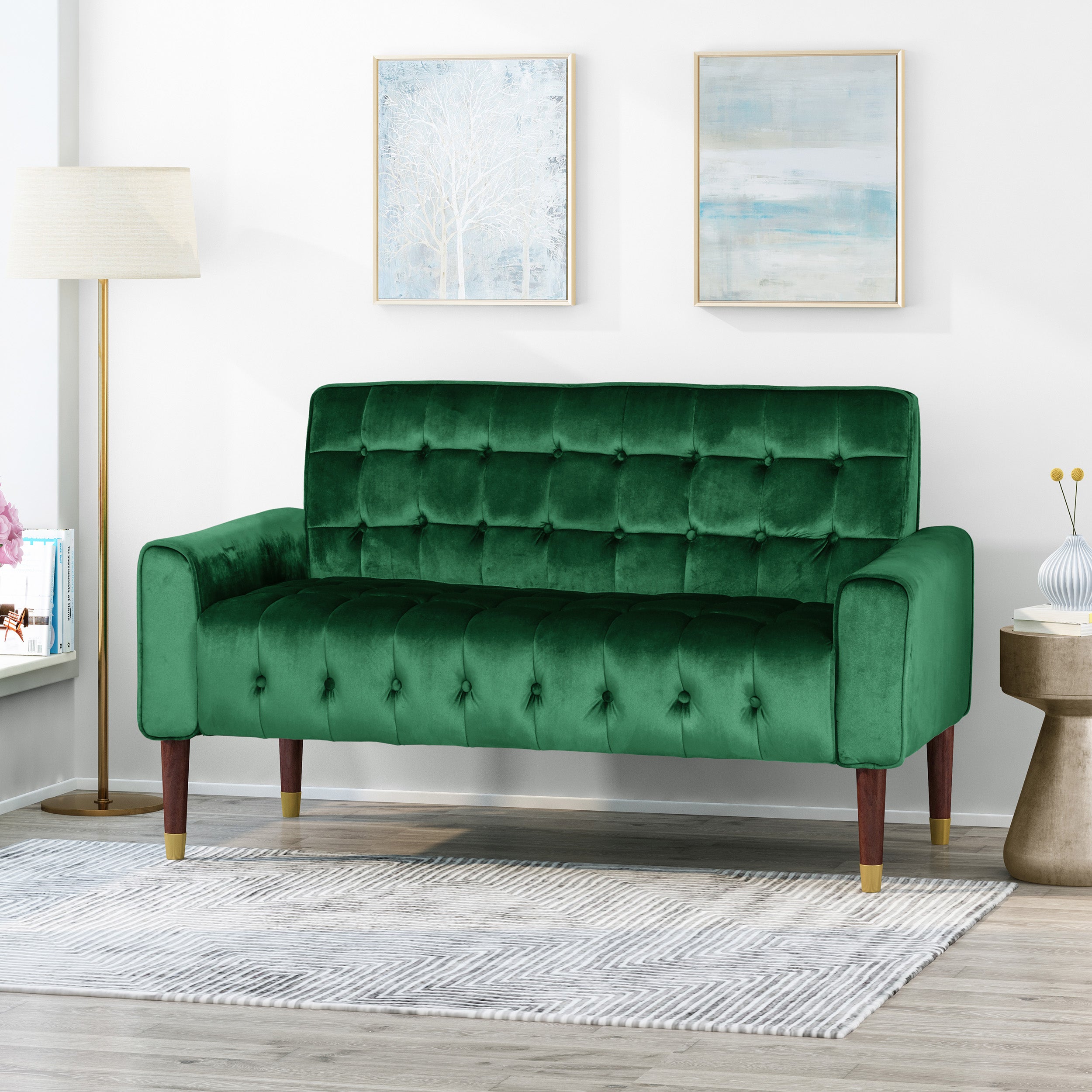 Aubrie Tufted Velvet Loveseat with Gold Tipped Tapered Legs