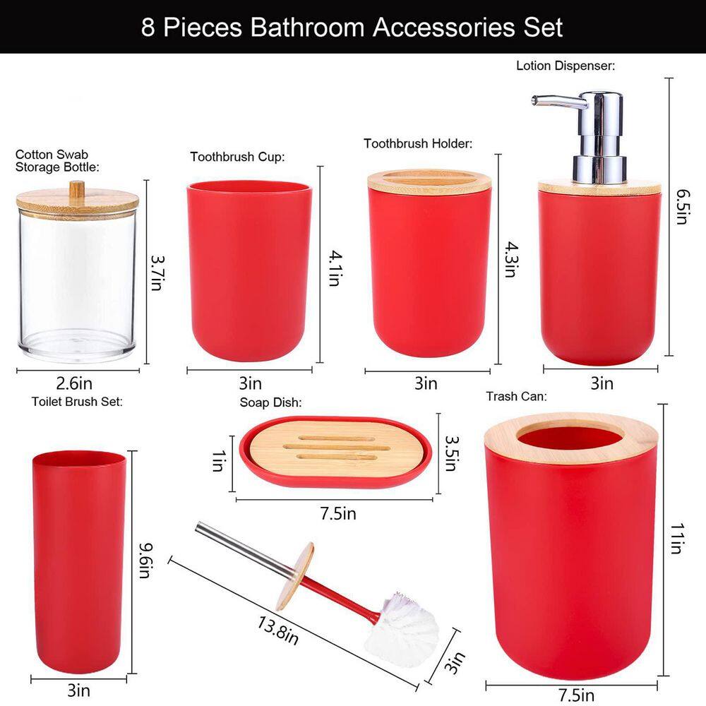 Dracelo 8-Piece Bathroom Accessory Set with DispenserToothbrush HolderSoap DishToilet BrushTrash CanQtip Holders in Red B09VYNH8YD