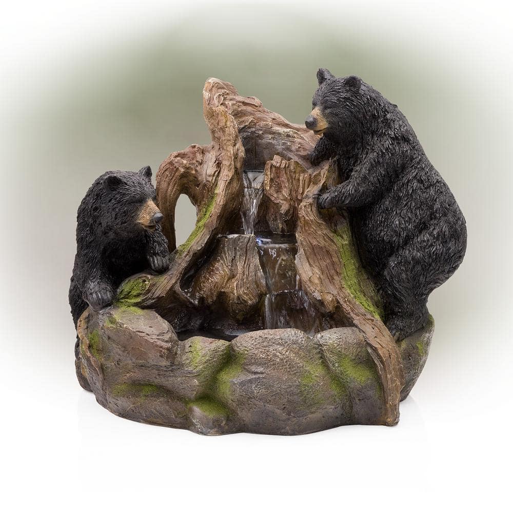 Alpine Corporation 24 in. Tall Outdoor 2 Bears Climbing on Rainforest Water Fountain with LED Lights GXT252