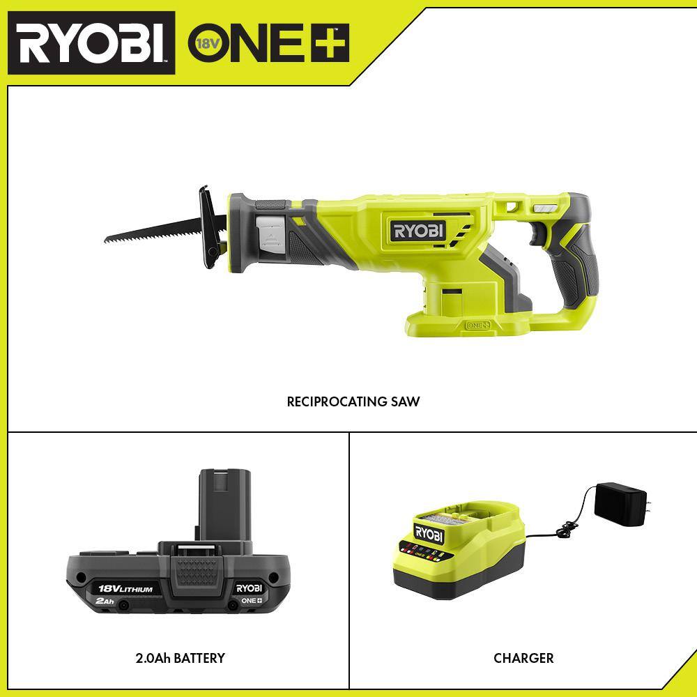 RYOBI ONE+ 18V Cordless Reciprocating Saw with 2.0 Ah Battery and Charger P519-PSK005