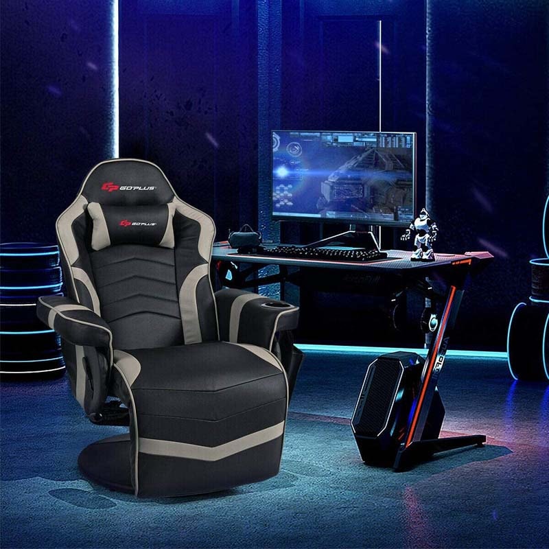 PU Leather Massage Gaming Chair, Ergonomic High Back Racing Style Gaming Recliner with Adjustable Backrest & Footrest, Cup Holder, Side Pouch