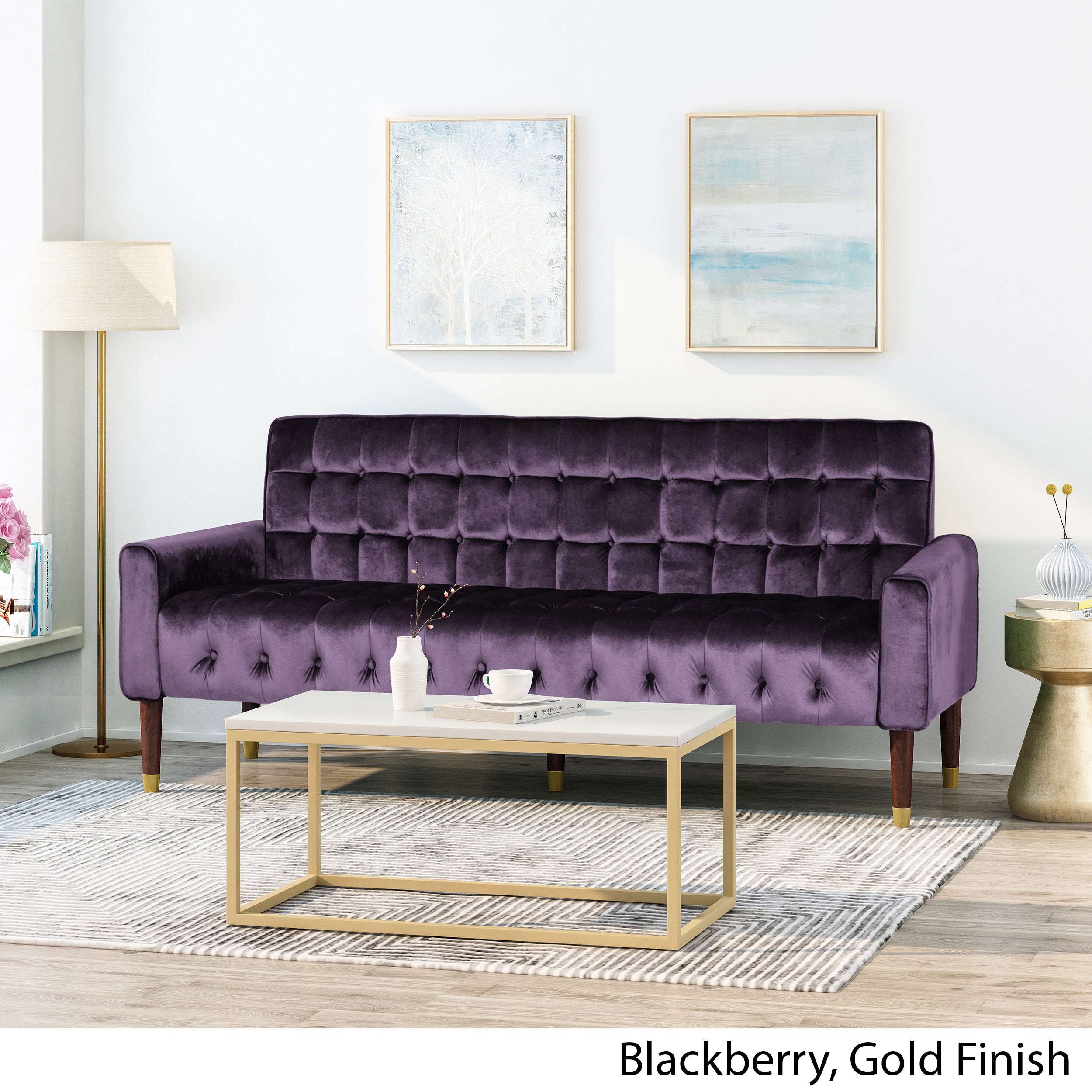 Adan Tufted Velvet Sofa with Gold Tipped Tapered Legs