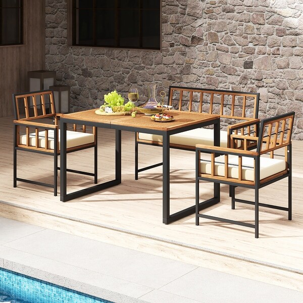 Gymax 4 PCS Acacia Wood Patio Dining Set w/ 1 Rectangular Table 1