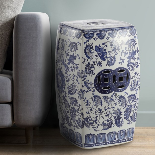 Chinoiserie Ceramice Square Garden Stool Blue white