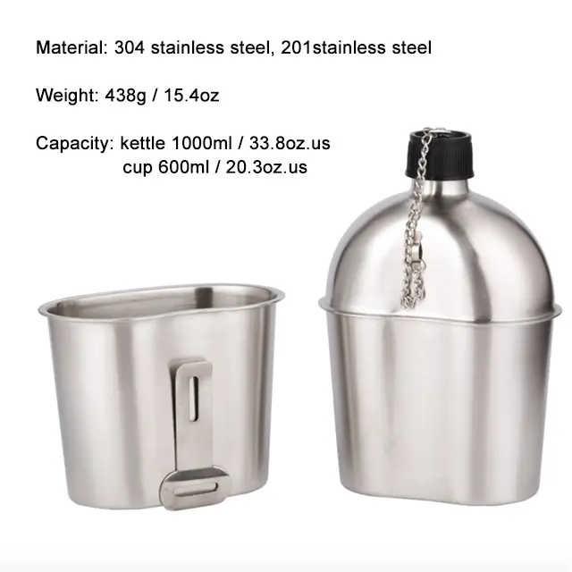 Outdoor Camping Hiking Mess Kit 1000ml Canteen Cup Stainless Steel Kettle Set for Sale