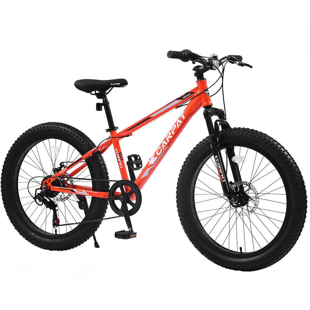 Afoxsos RedGray 24 Inch Fat Tire Mountain City Bike with High-Carbon Steel Frame Full Shimano 7 Speeds Dual Disc Brake HDMX3012