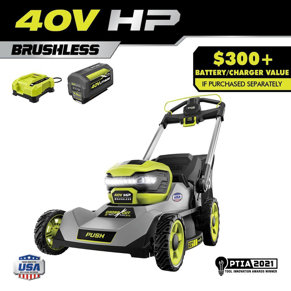 RYOBI 40V HP Brushless 21 in. Battery Walk Behind Dual Blade Push Lawn Mower with 7.5 Ah Battery and Rapid Charger RY401200