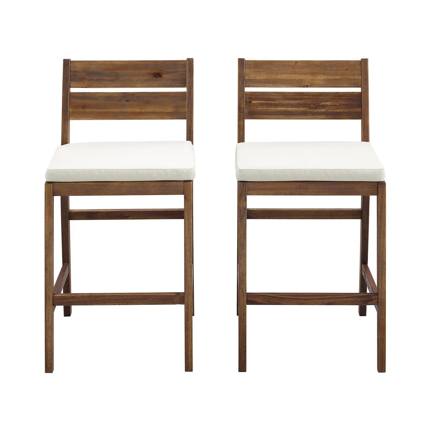 Ultimate Patio 2 Piece Acacia Patio Counter Height Bar Stool Set W/ Off-White Cushions