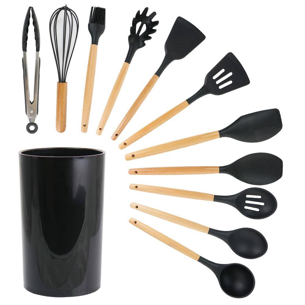 MegaChef Black Silicone and Wood Cooking Utensils (Set of 12) 985114360M