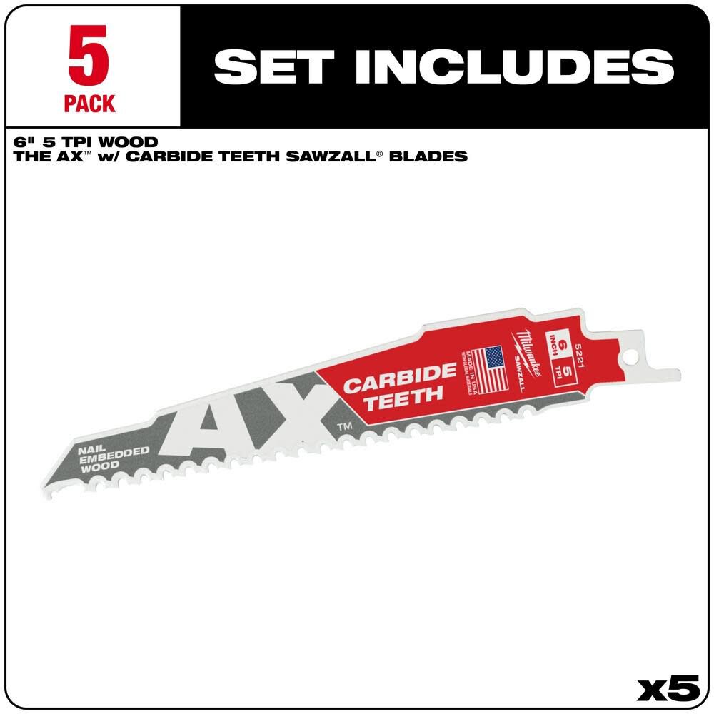 Milwaukee The Ax with Carbide Teeth SAWZALL Blade 6 in. 5T 5PK 48-00-5521 from Milwaukee