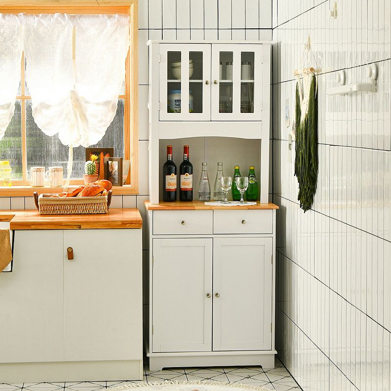 Kitchen Pantry Cabinet with Wood Top and Hutch-White