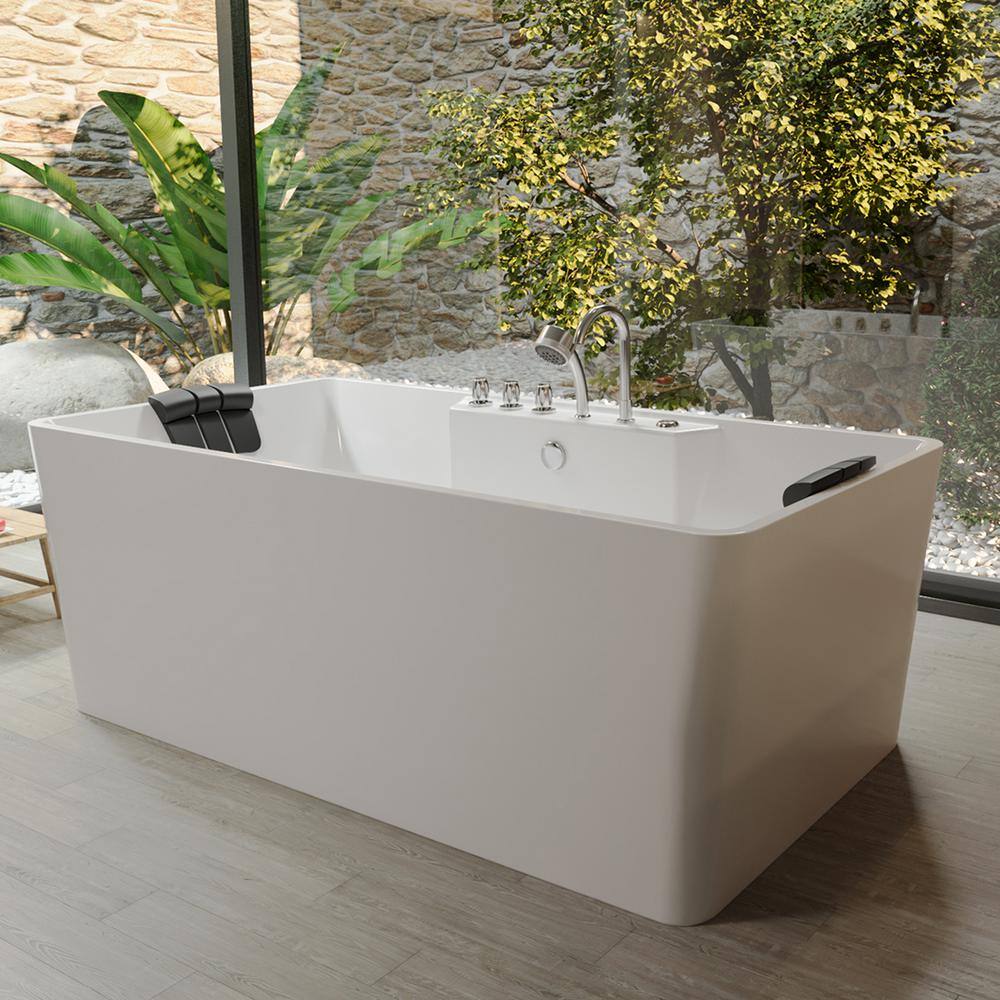 Empava 67 in. Center Drain Acrylic Freestanding Flatbottom Whirlpool Bathtub in White with Faucet - Water Jets EMP-67AIS03