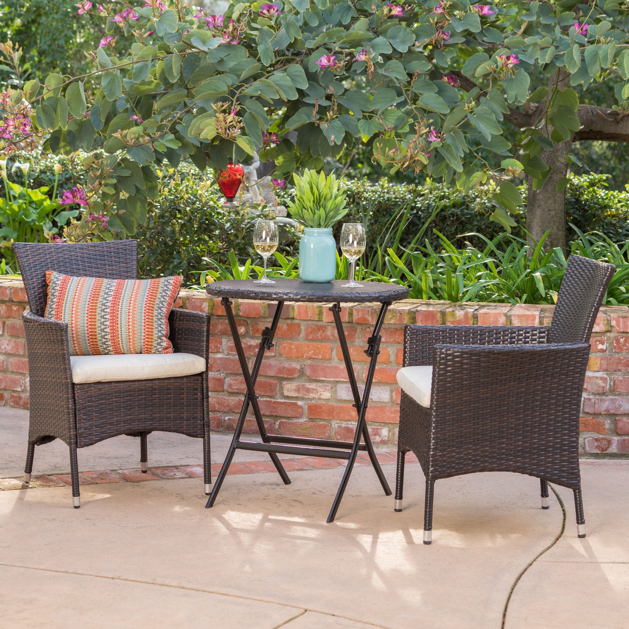 Dorchester Outdoor 3 Pc brown Wicker Bistro Set w/Beige Water Resistant Cushion