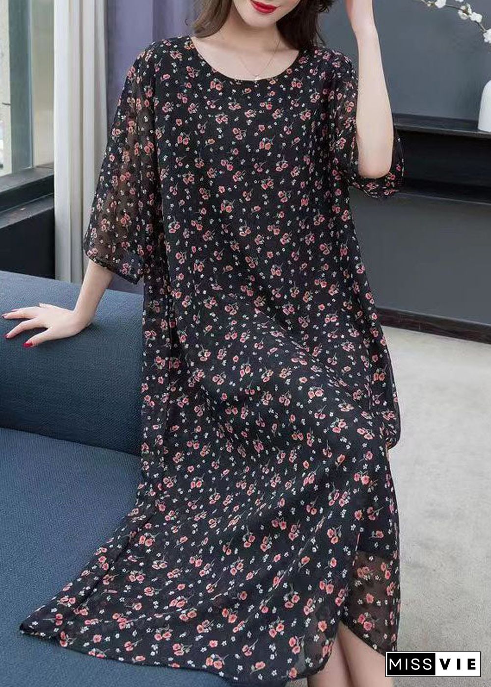 Boutique Black O Neck Print Patchwork Chiffon Dresses Summer