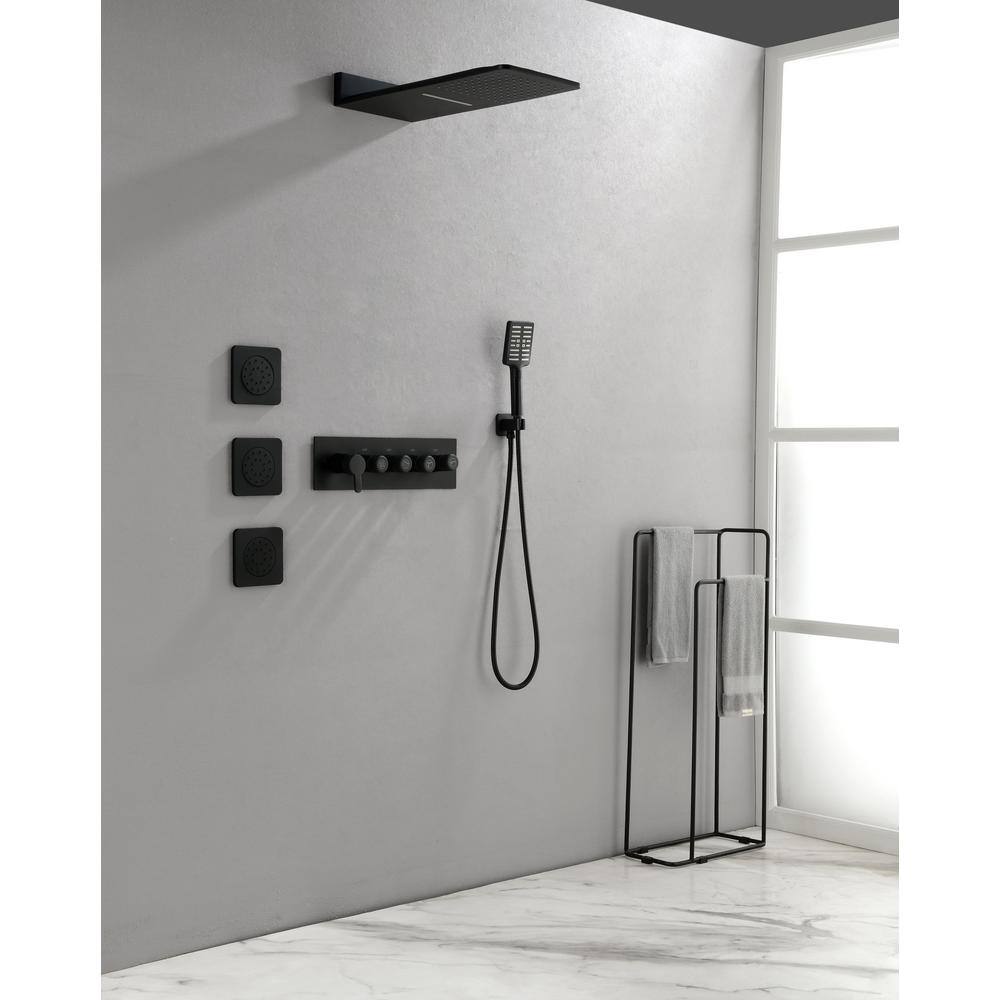 Lukvuzo Wall Mounted Waterfall Rain Shower System in Matte Black with 3 Body Sprays and Handheld Shower HDSA11FS024