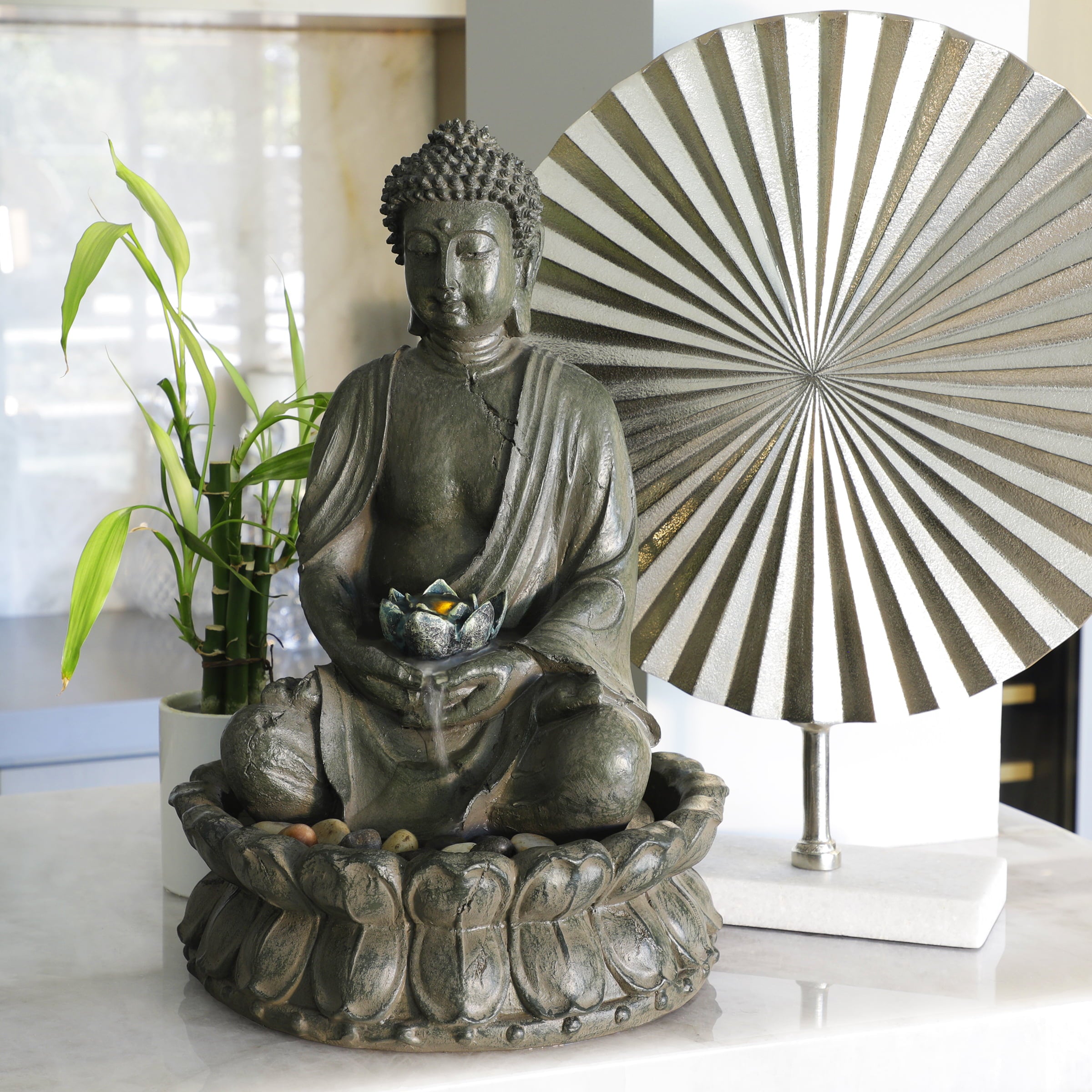 Alpine Buddha Indoor/Outdoor Polyresin Fountain with LED Light