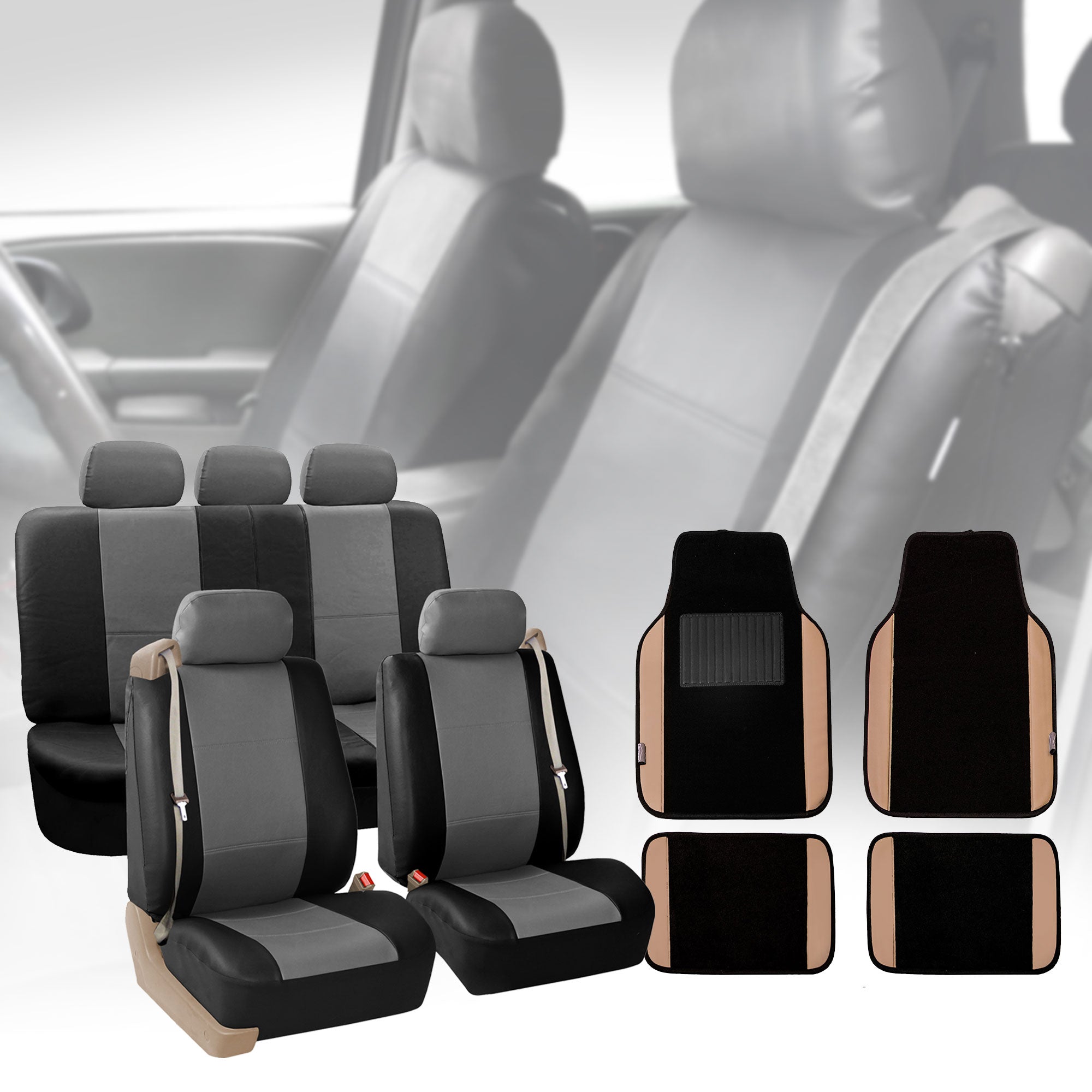 FH Group PU Leather Integrated Seatbelt Seat Covers， Full Set with Beige Leather Trimmed Carpet Floor Mats， Black Gray