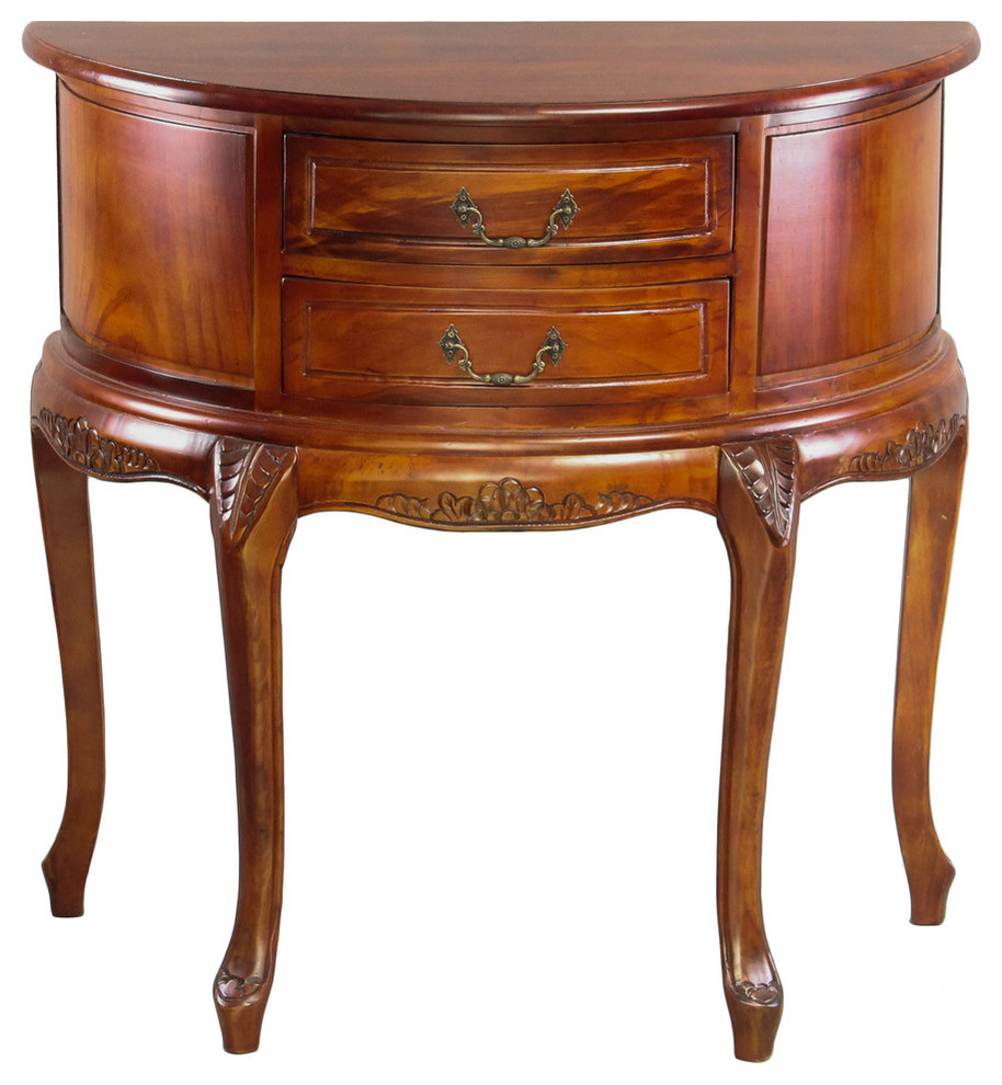 Windsor Carved Wood Half Moon 2 Drawer Wall Table  Walnut   Traditional   Console Tables   by VirVentures  Houzz