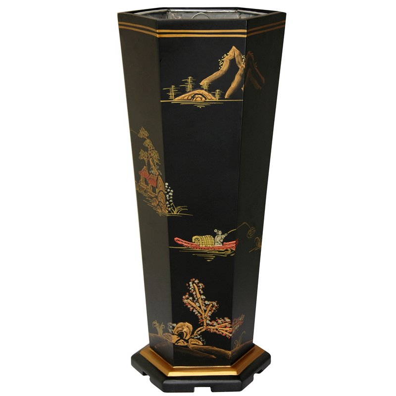 Oriental Furniture Handpainted Hexagon Umbrella Stand, Black