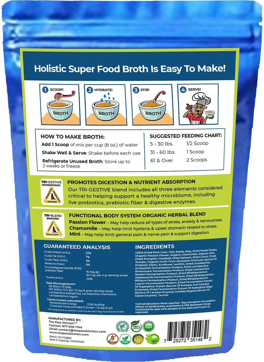 The Petz Kitchen Holistic Super Food Broth Anxiety Support Pork Flavor Concentrate Powder Dog and Cat Supplement， 4.5-oz bag