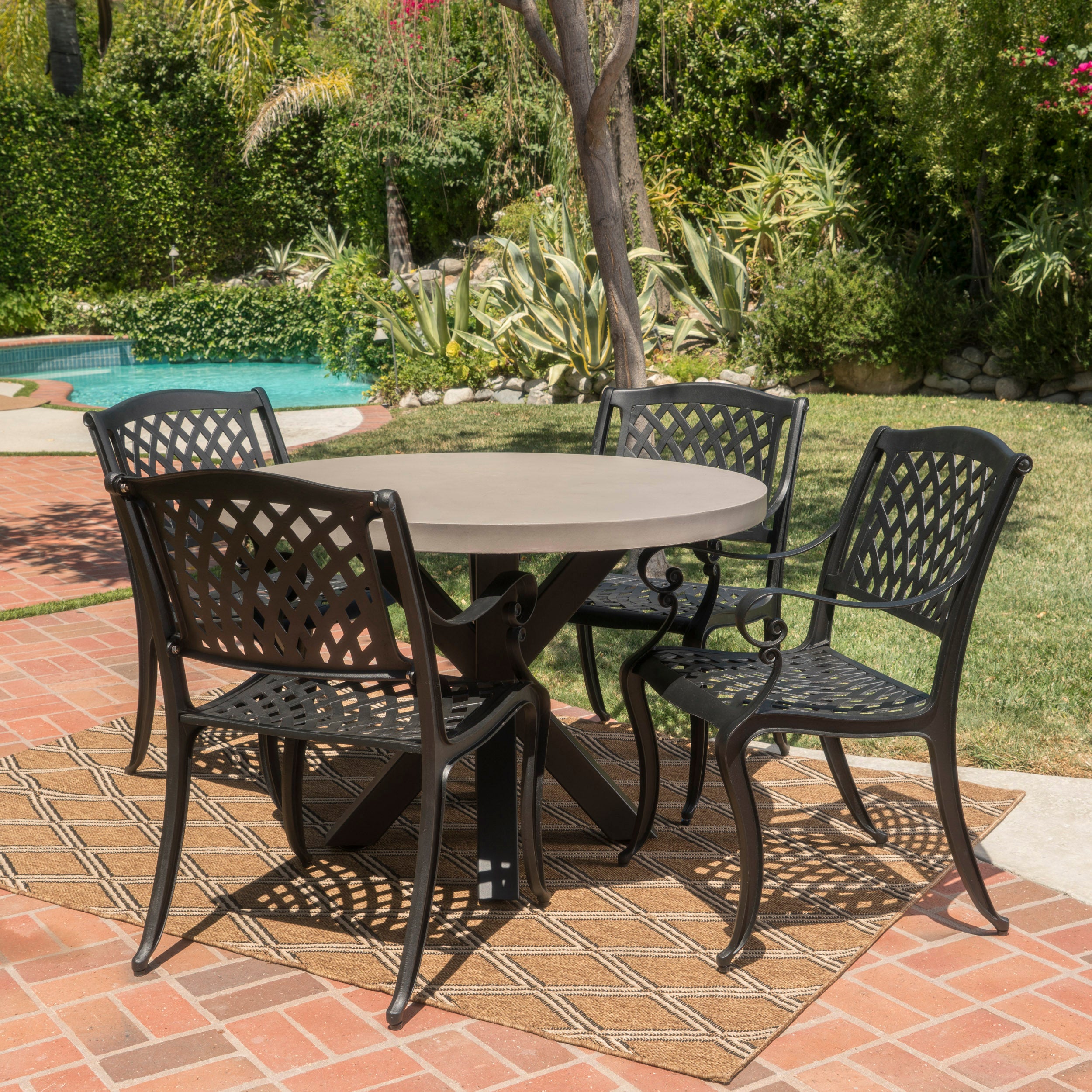 Carina Outdoor Transitional 5 Piece Cast Aluminum Dining Set with Lightweight Concrete Table