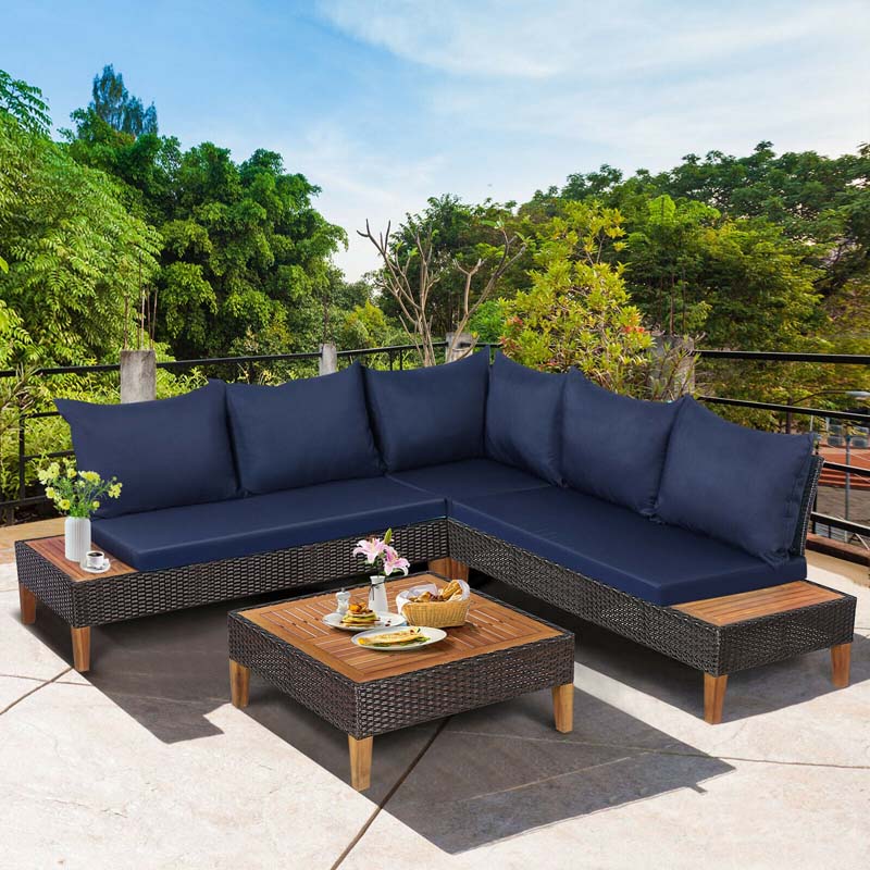 4 Pcs Acacia Wood Rattan Patio Conversation Set Outdoor Sectional Sofa Set with Coffee Table