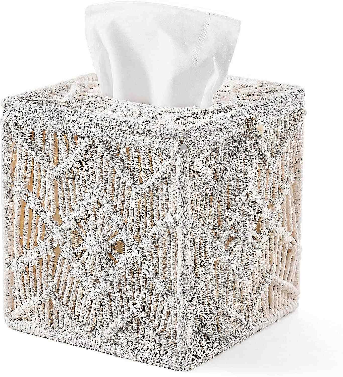 13.9 X 13.9 X 15.2 Cm. Square Paper Tissue Box With Macrame Bead Loop For Bathroom， Dresser， Living