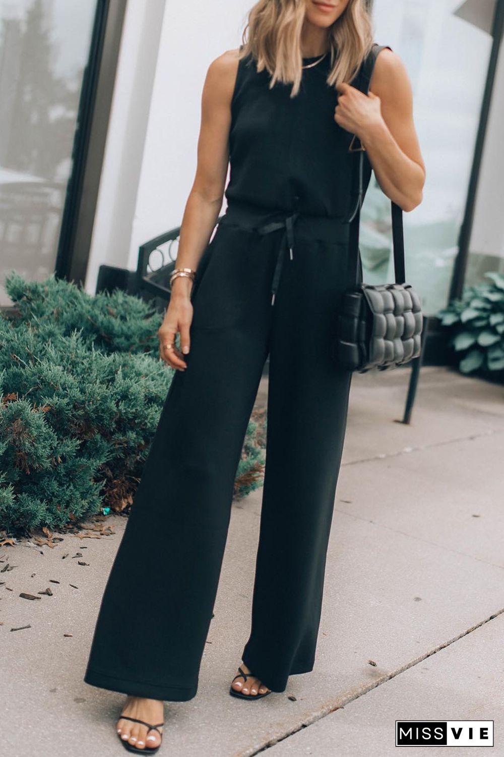 Black Solid Sleeveless Wide Leg Jumpsuit