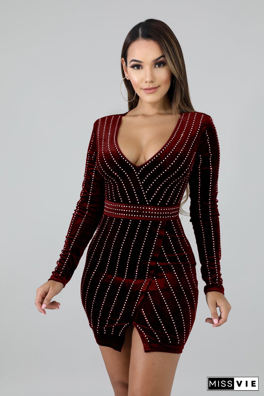 Hot Drilling Long Sleeve V Neck Bodycon Mini Dress