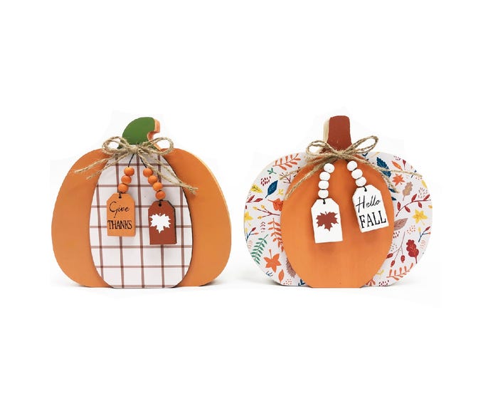 Four Seasons STEADY HOME™ 7-inch MDF Harvest Pumpkin Plaque - 2 Assorted styles - Orange and White Prints - 23TY14A2