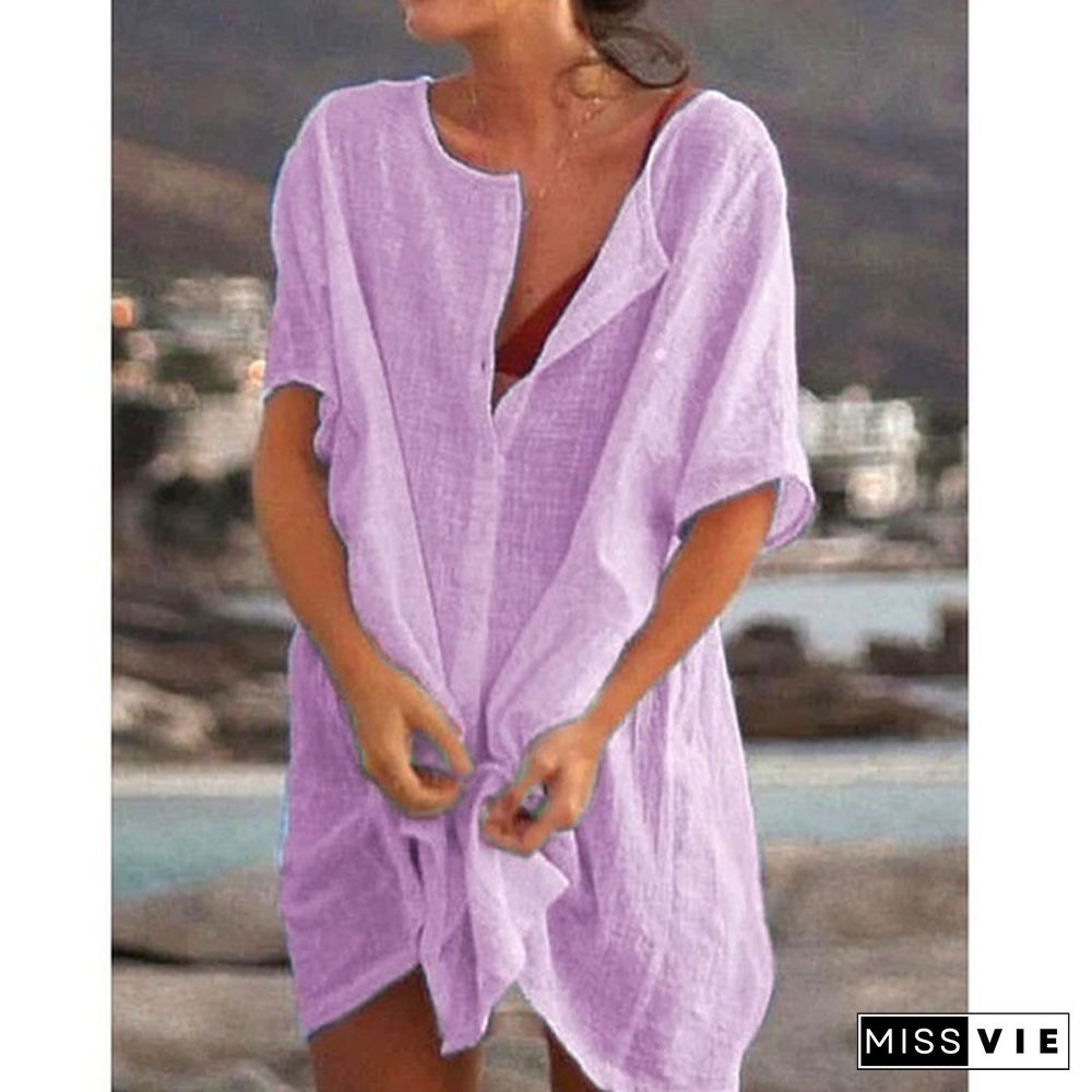 Fashion Summer Clothes Women's Casual Short Sleeve Dresses Beach Wear Robe Femme Swimwear Cover-up Linen Dress Loose Blouses Long T-shirt Deep V-neck Solid Color Swimsuit Cover-ups Dress Mini Party Dress