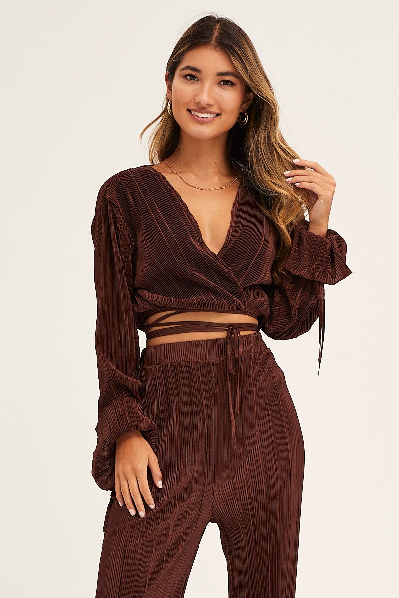 Brown Plisse Pants Wide Leg High Rise