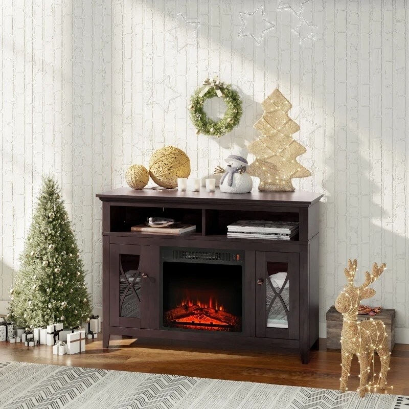 Electric Fireplace Mantel TV Stand w/ Adjustable Shelves 2 Storage Cabinets   44 inches L x 20.25 inches W x 32 inches H