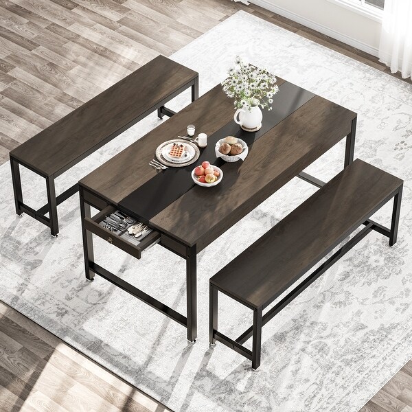 3 Piece Industrial Dining Table Set with Bench and Sided Drawer for Kitchen