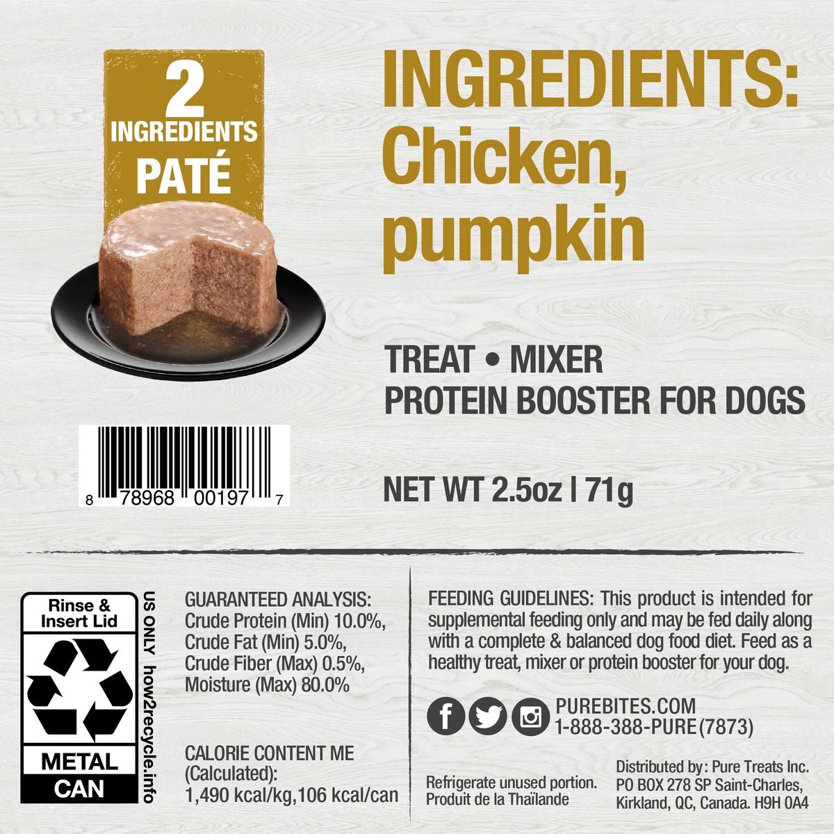 PureBites 100% Pure Chicken and Pumpkin Paté Dog Food Toppings， 2.5-oz can， 12 count