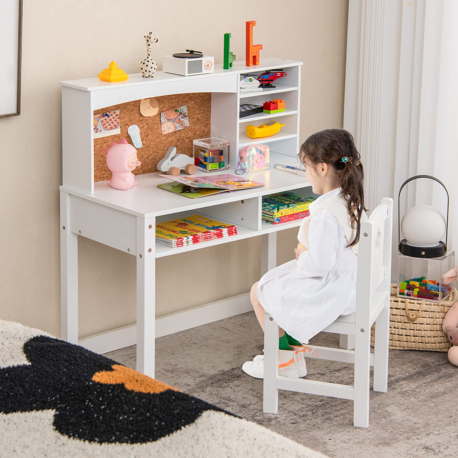 Costzon Kids Desk and Chair Set, Student Study Table with Chair, Hutch, Cork Bulletin Board, Storage Shelves