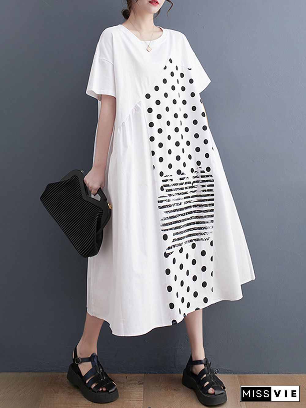 Irregularity Oversize Printed Striped Polka-Dot Split-Joint Round-Neck Midi Dresses