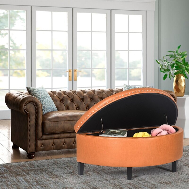 Adeco Half Moon Storage Ottoman Lift Top Entryway or Bed Bench