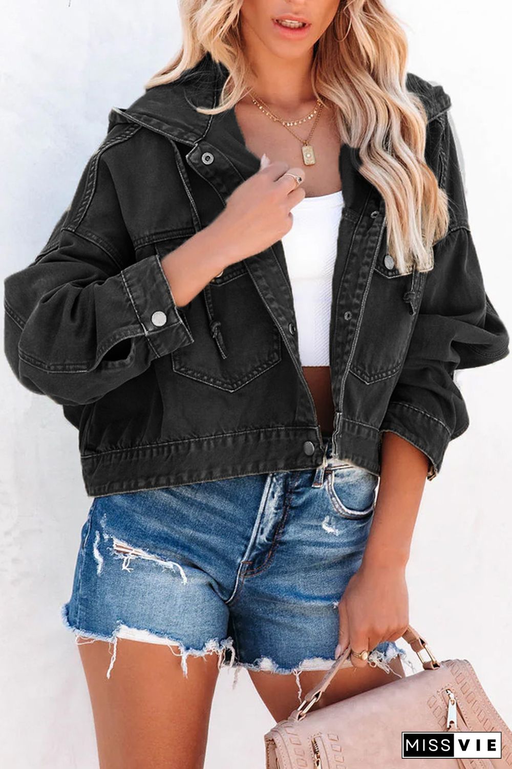 Open Button Pocket Short Length Denim Jacket with Hood