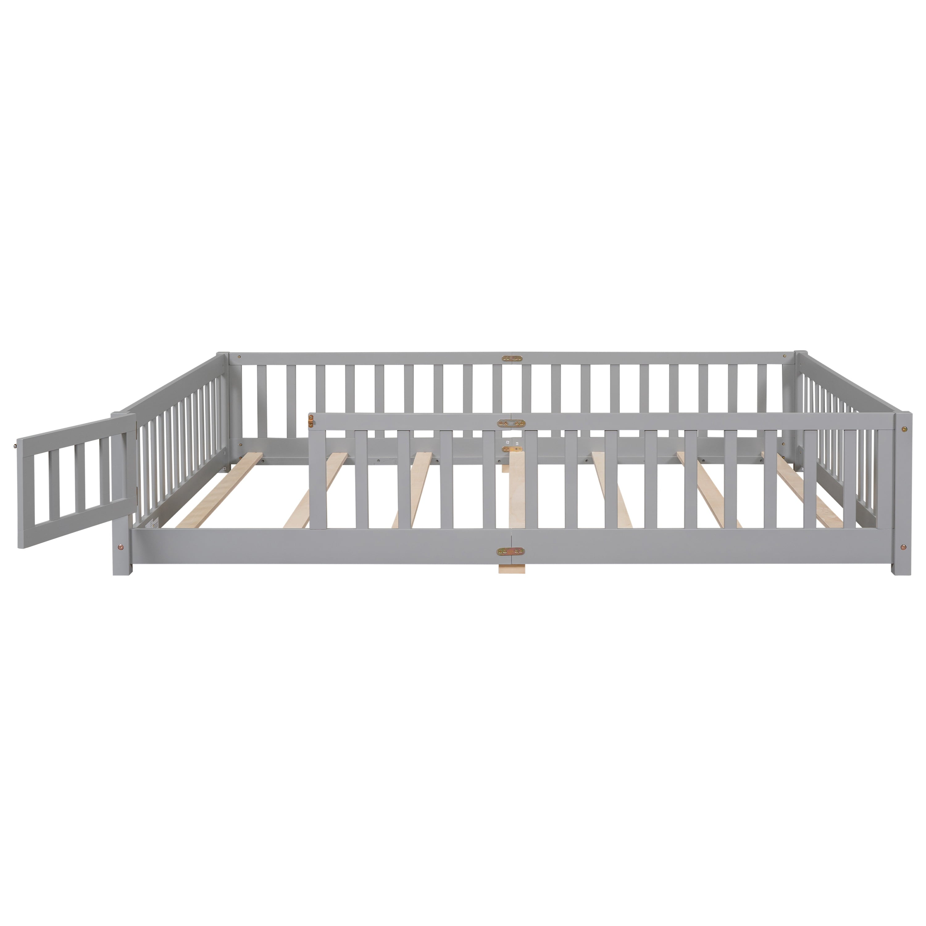 uhomepro Queen Size Wood Floor Bed Frame with Fence and Door for Kids, Toddlers, Gray