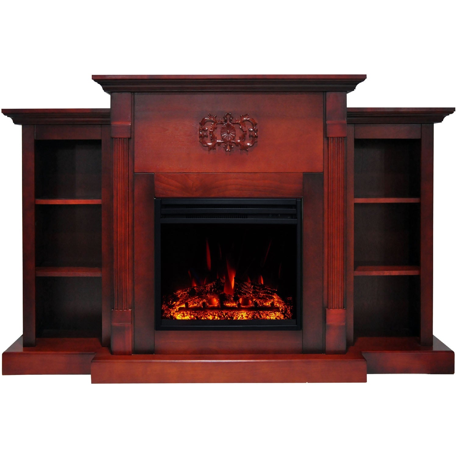 Cambridge Sanoma 72'' Electric Fireplace with Enhanced Charred Log Insert | Multi-Color Flame | For Rooms up to 210 Sq.Ft | Remote | Cherry Mantel | Dual Heat Settings | Timer