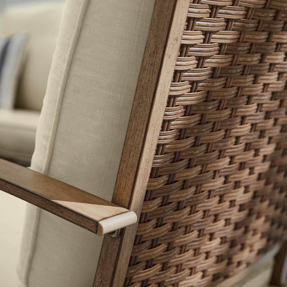 Hampton Bay Geneva Brown Wicker Outdoor Patio Stationary Dining Chair with CushionGuard Almond Tan Cushions