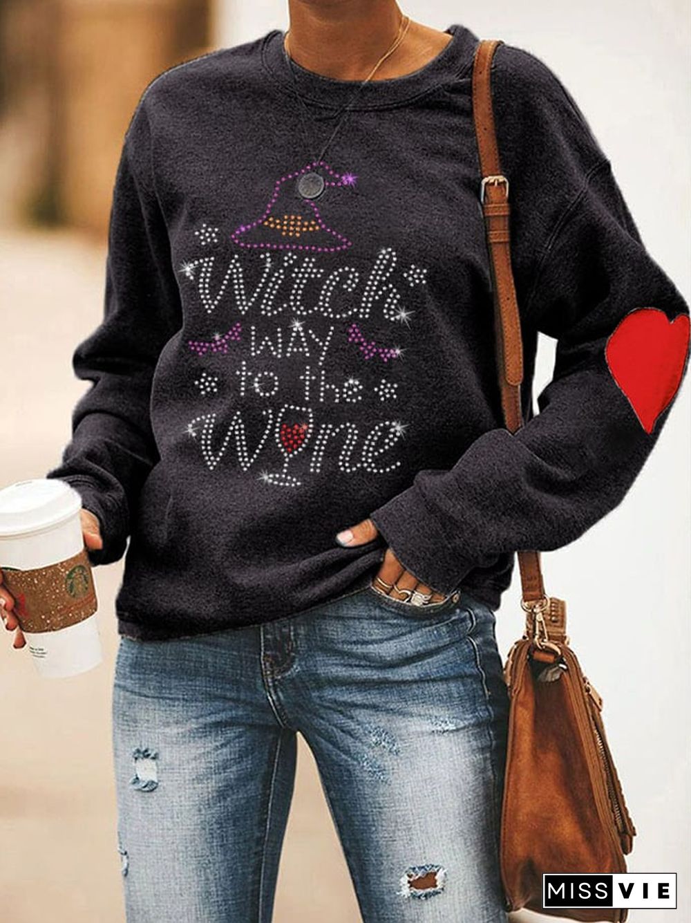 Women's Halloween Wicth Way To The Wine Print Sweatshirt