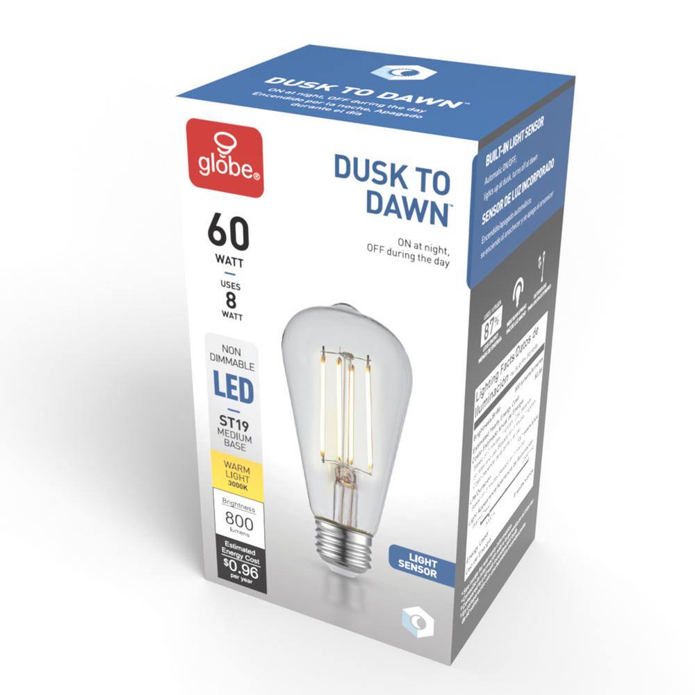 Globe Electric 60 Watt Equivalent ST19 Dimmable Straight Filament Dusk to Dawn Vintage Edison LED Light Bulb  Soft White Light 35687