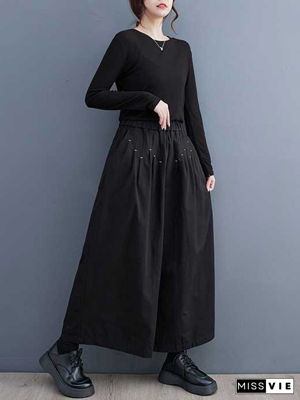 Loose Wide Leg Elasticity Embroidered Pleated Ninth Pants Trousers