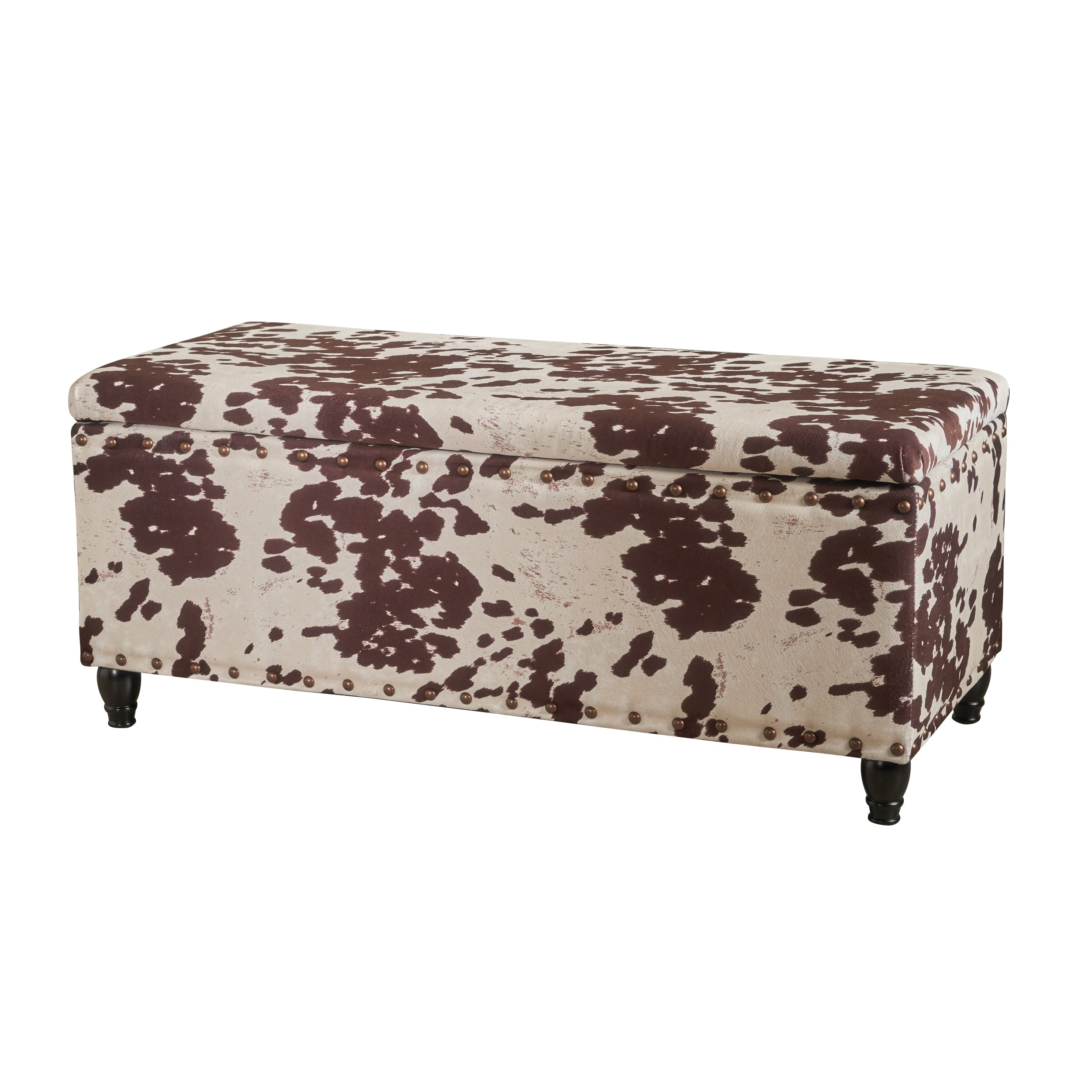 Tatiana Contemporary Velvet Storage Ottoman with Nailhead Trim, Milk Cow Pattern and Dark Brown