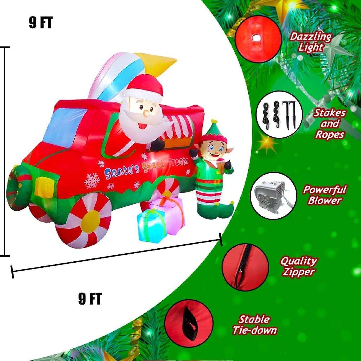 Inflatable Christmas Ice Cream Truck Decoration With Santa Claus Elf Gift Boxes Decor Led Lighted For Yard Lawn Garden Home Party