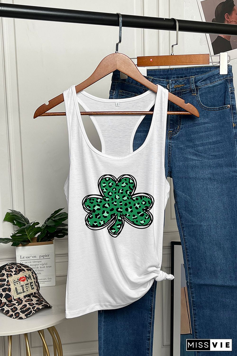 St Patricks Day,Leopard Shamrock Sleeveless Tank Top Wholesale