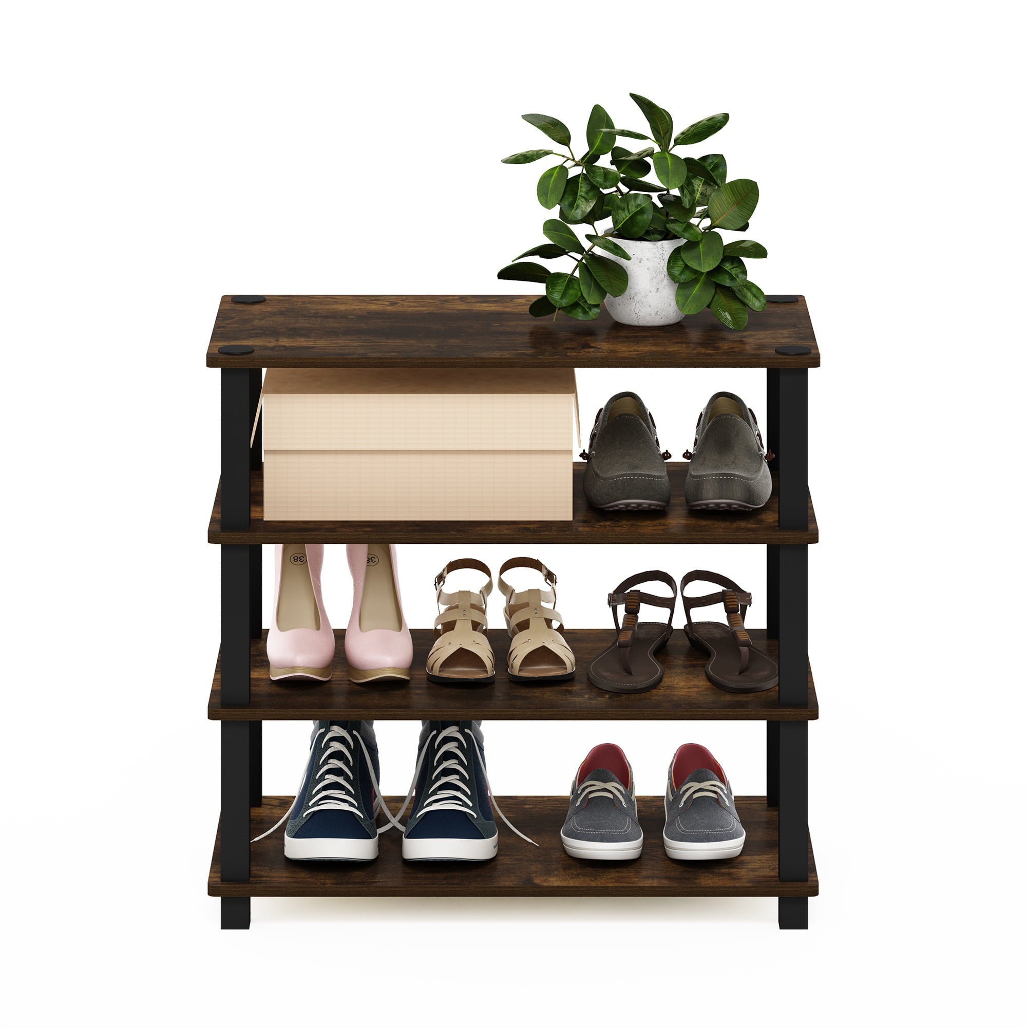 Furinno 4-Tier Turn-S-Tube Shoe Rack， Wood， Amber Pine and Black